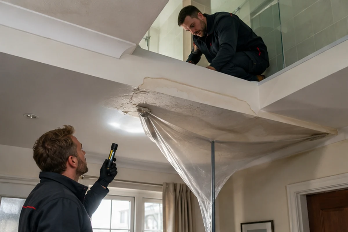 London plumber tracing a ceiling water mark beneath an upstairs bathroom