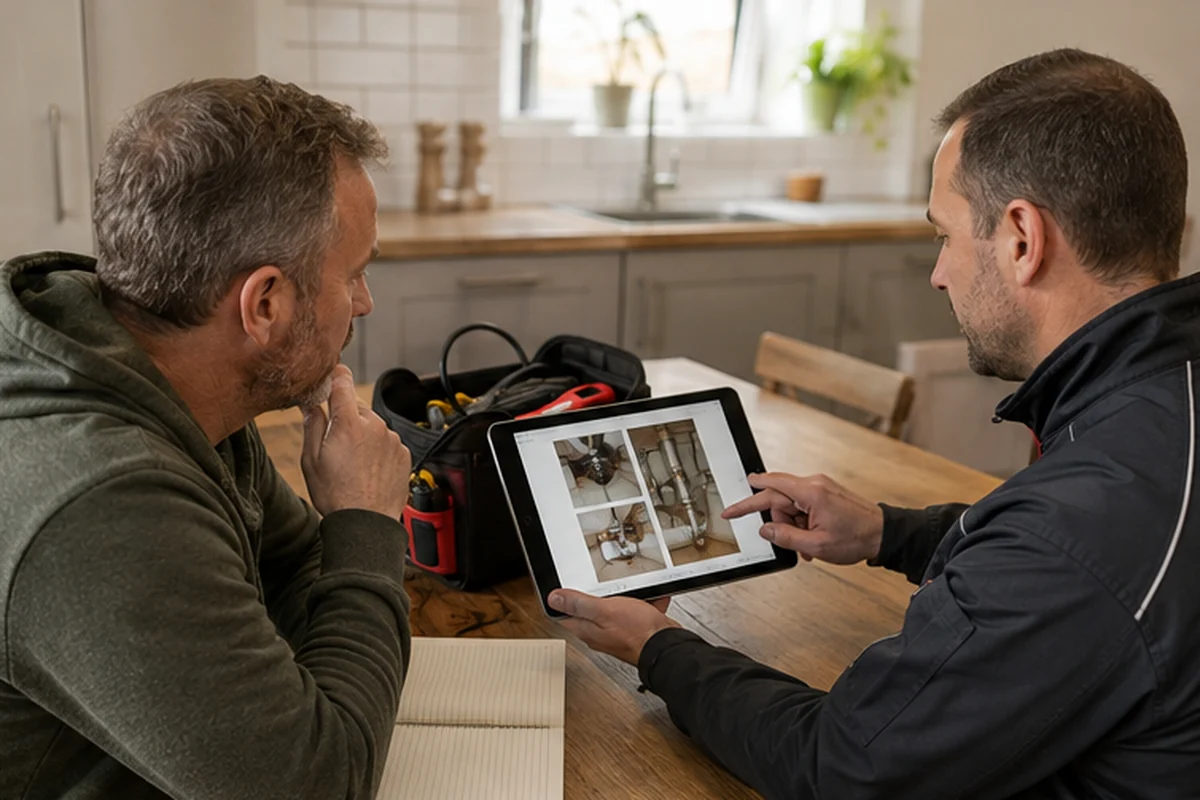 London homeowner comparing emergency plumbing company credentials and scope