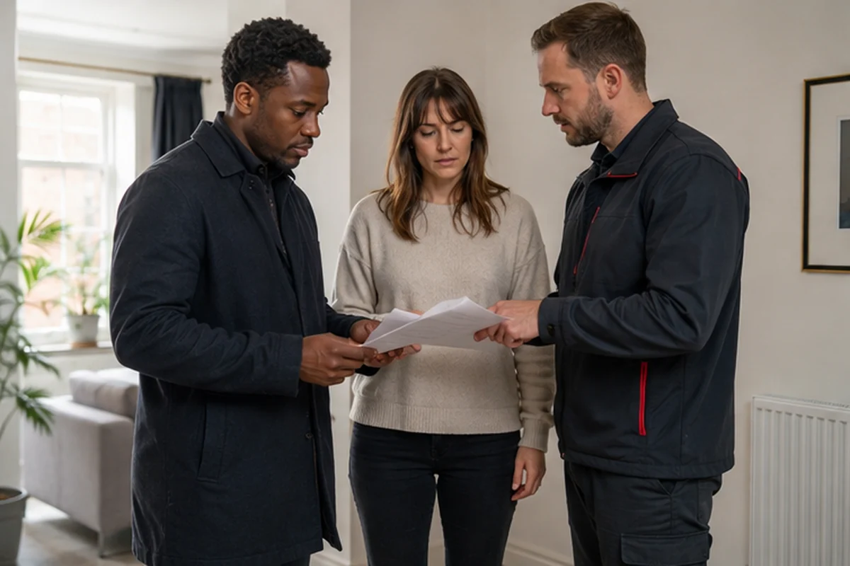 London property manager reviewing an emergency plumbing incident log