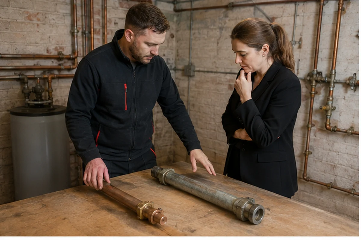 Copper and plastic pipe repair options reviewed at a London property
