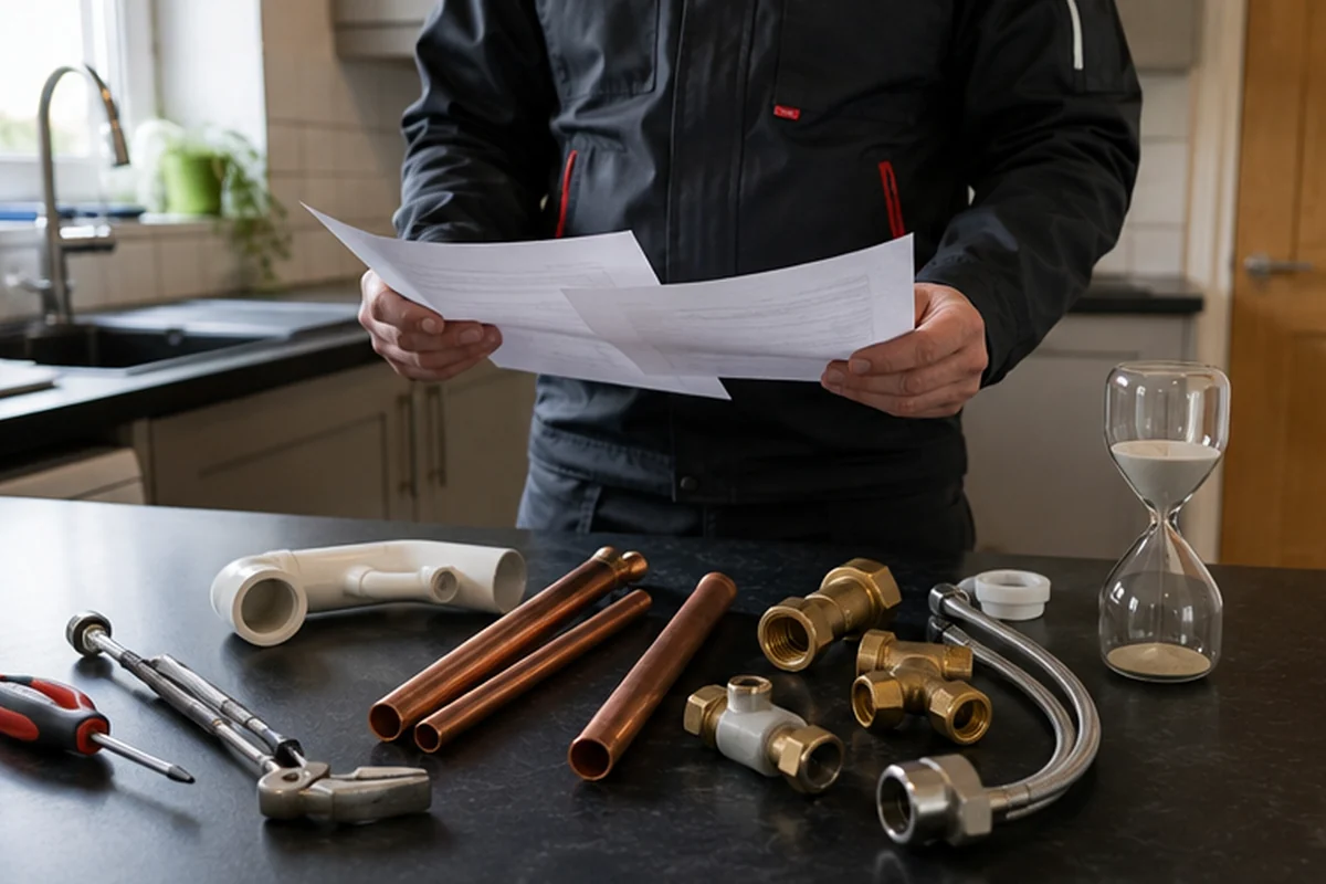 Detailed London emergency plumbing quote with labour and parts sections