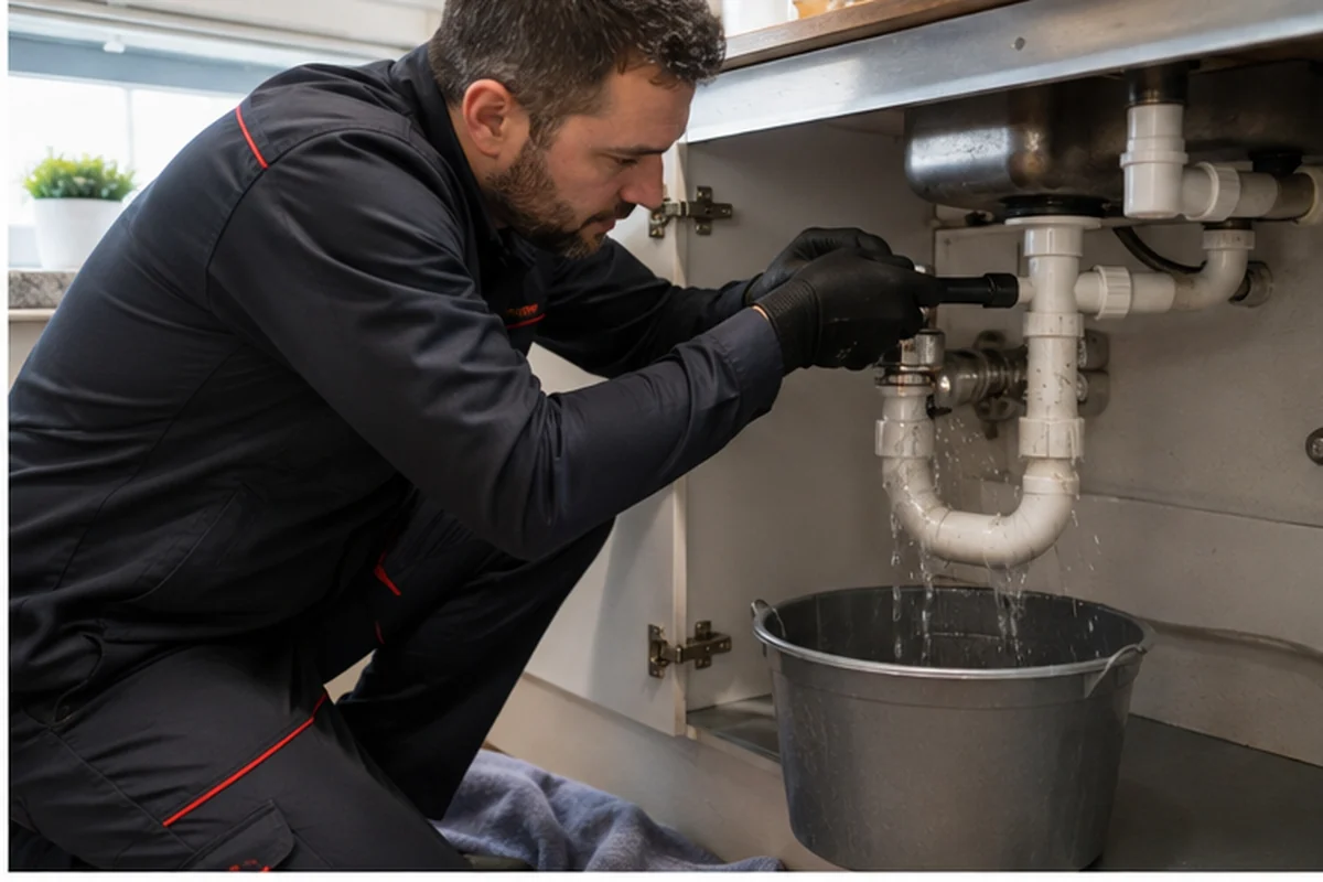 Accessible water leak being assessed beneath a London sink