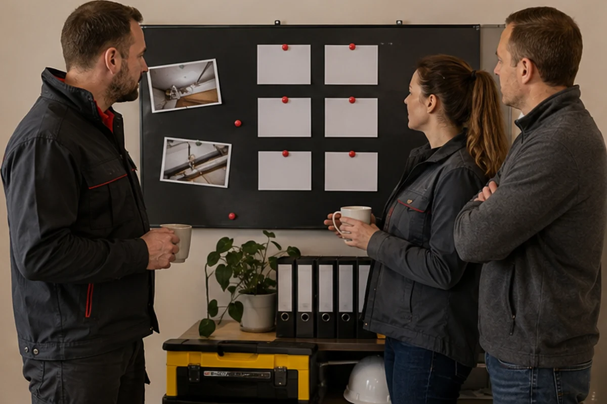 Emergency plumber and incident coordinator reviewing a London water leak response