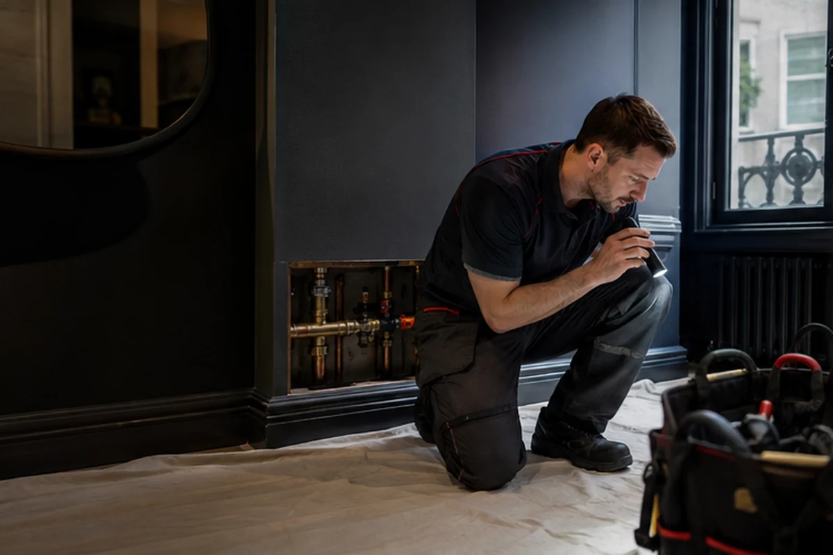 Emergency plumber tracing an active internal water leak in a London flat