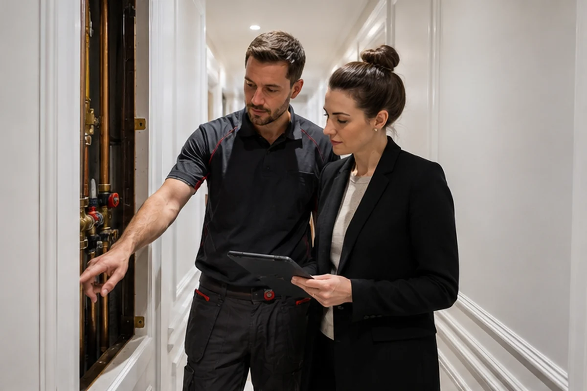 London plumber and property manager reviewing the incident before isolation
