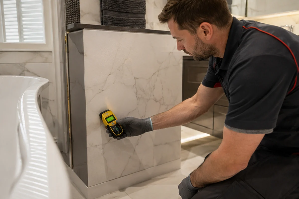 Non-invasive source tracing around pipe boxing in a London apartment